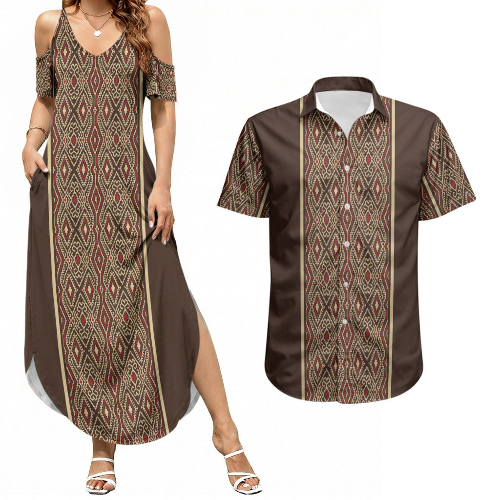 Mabuhay Philippines Festival Couples Matching Summer Maxi Dress and Hawaiian Shirt Tnalak Modern Filipiniana Inspired LT14 Brown - Polynesian Pride