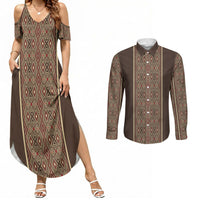 Mabuhay Philippines Festival Couples Matching Summer Maxi Dress and Long Sleeve Button Shirt Tnalak Modern Filipiniana Inspired LT14 Brown - Polynesian Pride