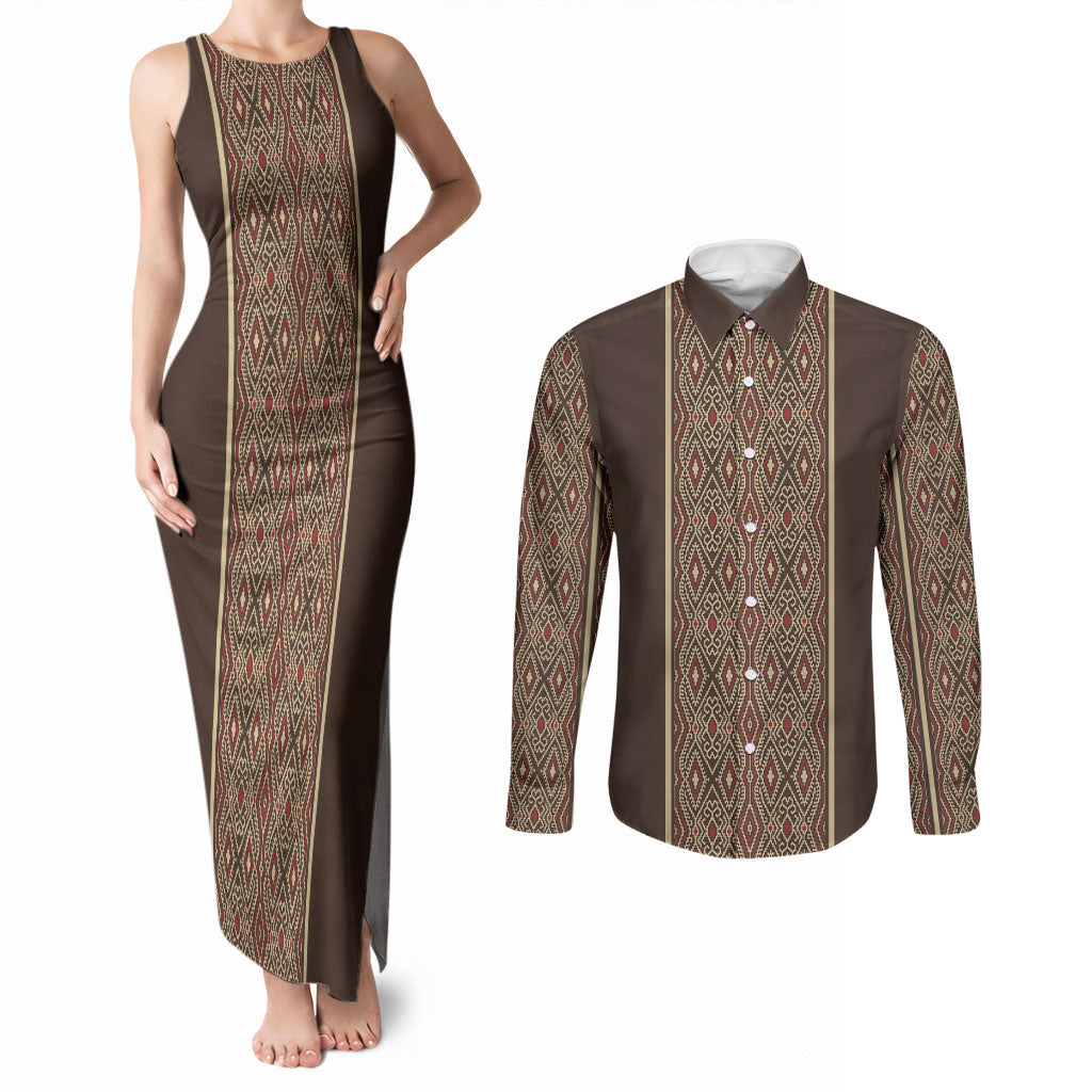 Mabuhay Philippines Festival Couples Matching Tank Maxi Dress and Long Sleeve Button Shirt Tnalak Modern Filipiniana Inspired LT14 Brown - Polynesian Pride