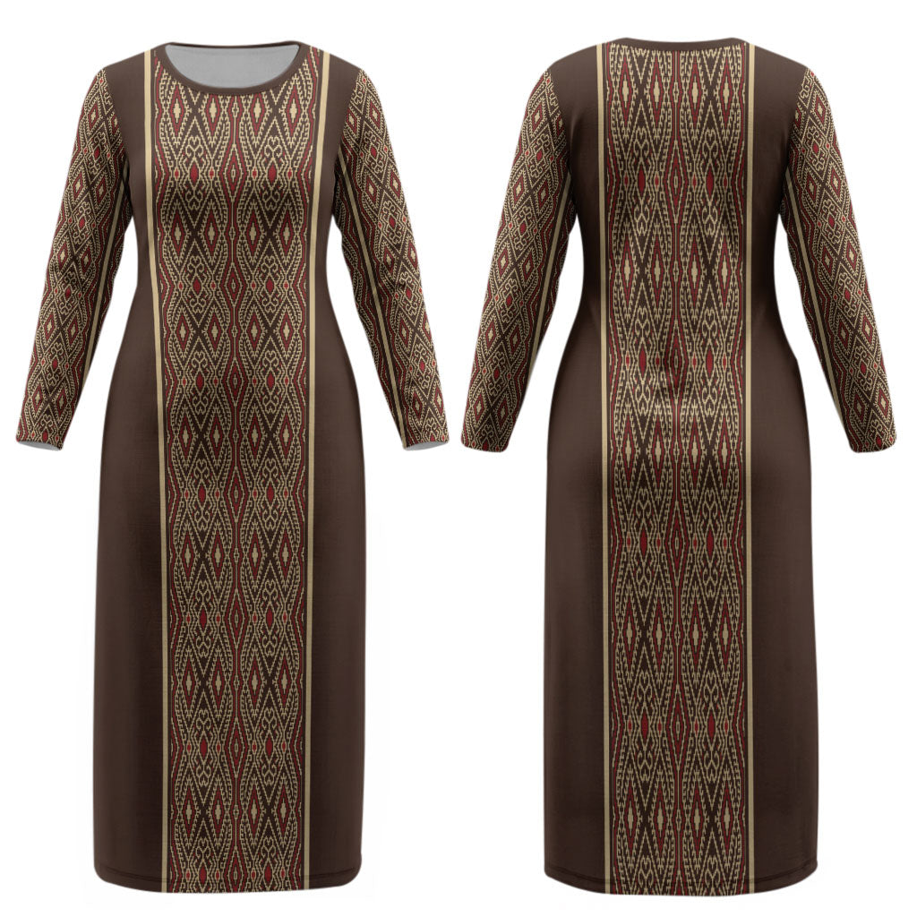 Mabuhay Philippines Festival Family Matching Long Sleeve Bodycon Dress and Hawaiian Shirt Tnalak Modern Filipiniana Inspired LT14 Mom's Dress Brown - Polynesian Pride