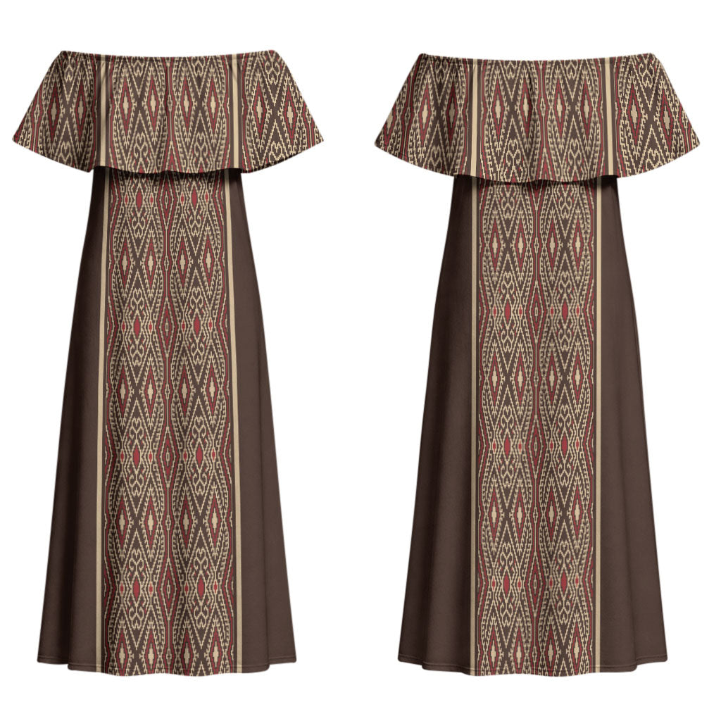 Mabuhay Philippines Festival Family Matching Off Shoulder Maxi Dress and Hawaiian Shirt Tnalak Modern Filipiniana Inspired LT14 Mom's Dress Brown - Polynesian Pride