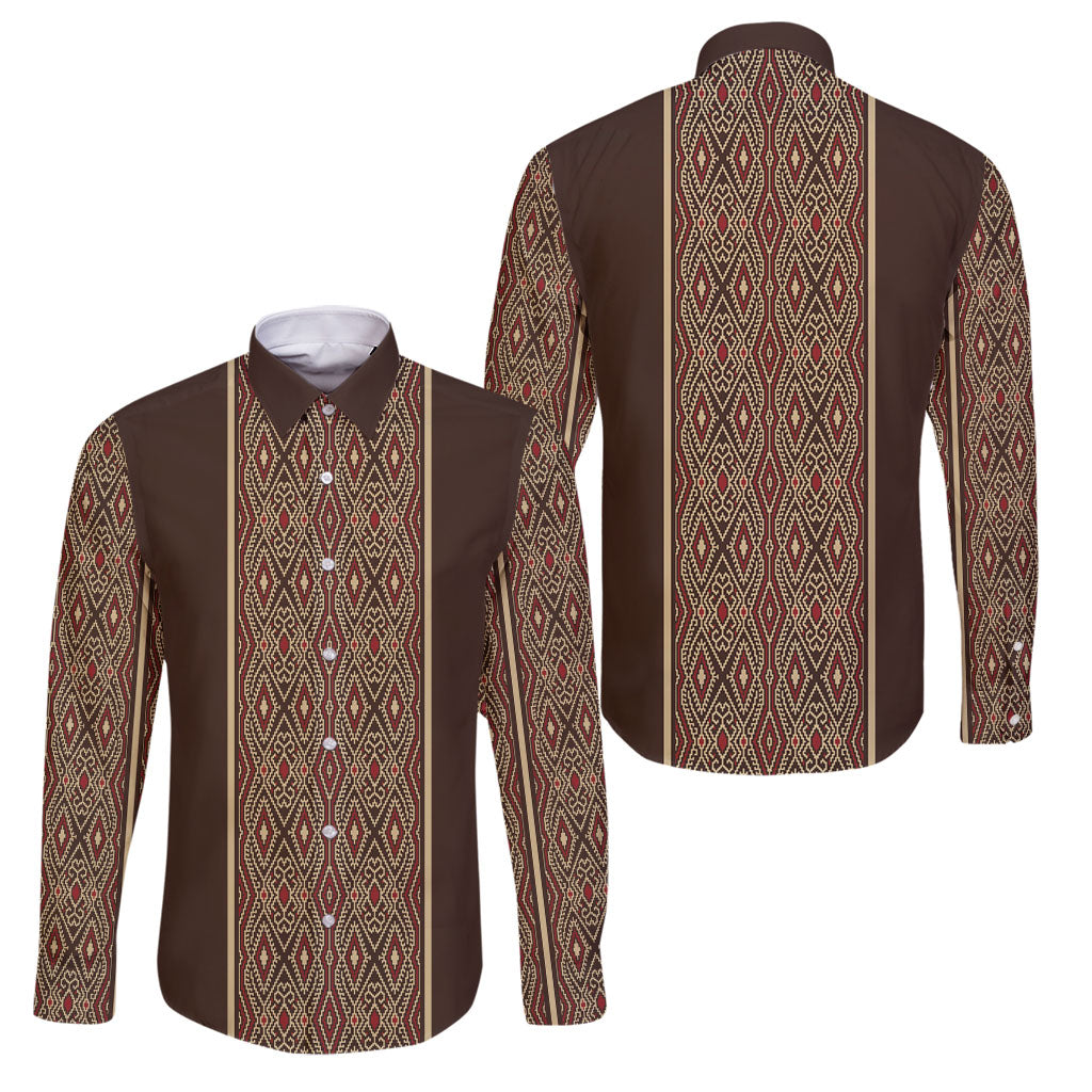 Mabuhay Philippines Festival Family Matching Off Shoulder Maxi Dress and Hawaiian Shirt Tnalak Modern Filipiniana Inspired LT14 Dad's Shirt - Long Sleeve Brown - Polynesian Pride