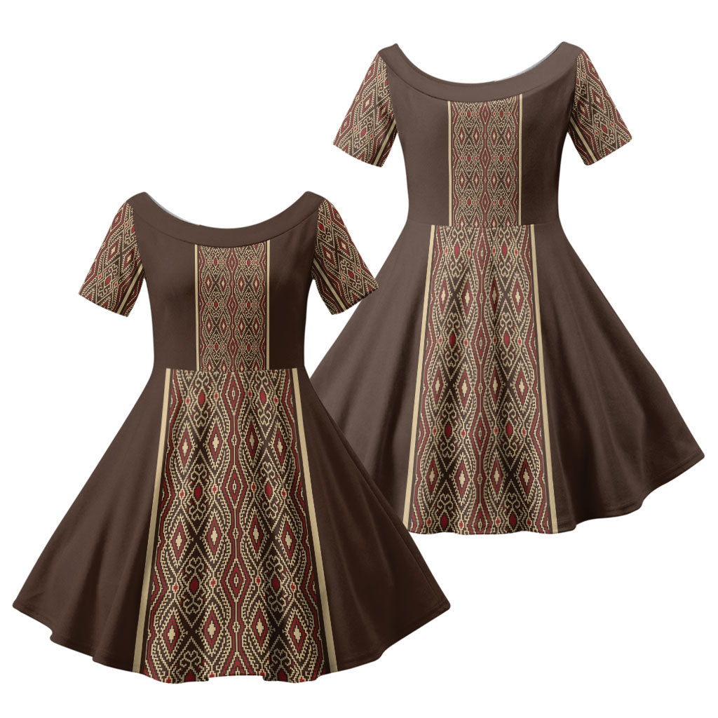 Mabuhay Philippines Festival Family Matching Off Shoulder Maxi Dress and Hawaiian Shirt Tnalak Modern Filipiniana Inspired LT14 Daughter's Dress Brown - Polynesian Pride