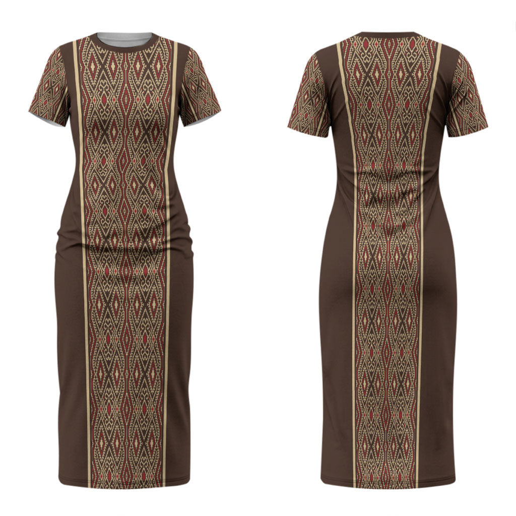 Mabuhay Philippines Festival Family Matching Short Sleeve Bodycon Dress and Hawaiian Shirt Tnalak Modern Filipiniana Inspired LT14 Mom's Dress Brown - Polynesian Pride