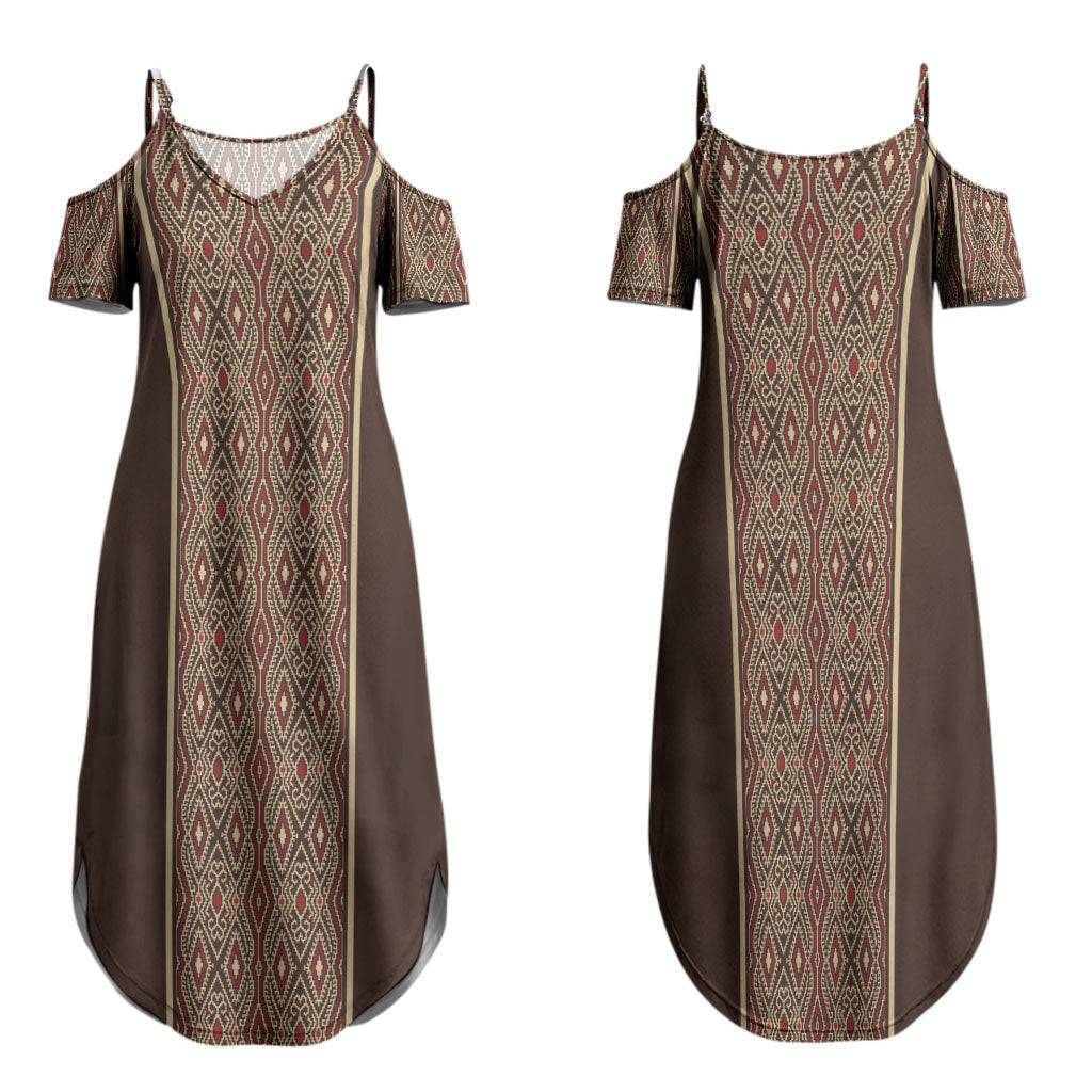 Mabuhay Philippines Festival Family Matching Summer Maxi Dress and Hawaiian Shirt Tnalak Modern Filipiniana Inspired LT14 Mom's Dress Brown - Polynesian Pride