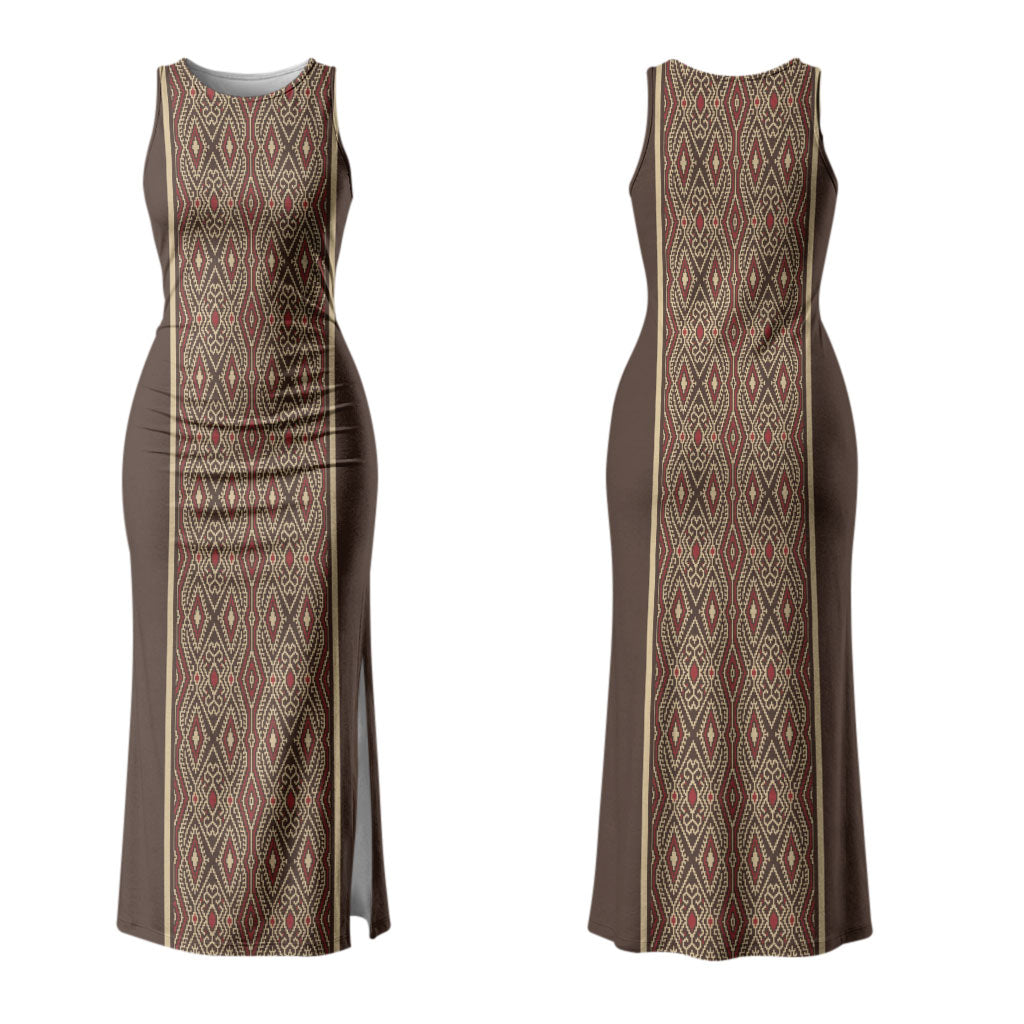 Mabuhay Philippines Festival Family Matching Tank Maxi Dress and Hawaiian Shirt Tnalak Modern Filipiniana Inspired LT14 Mom's Dress Brown - Polynesian Pride