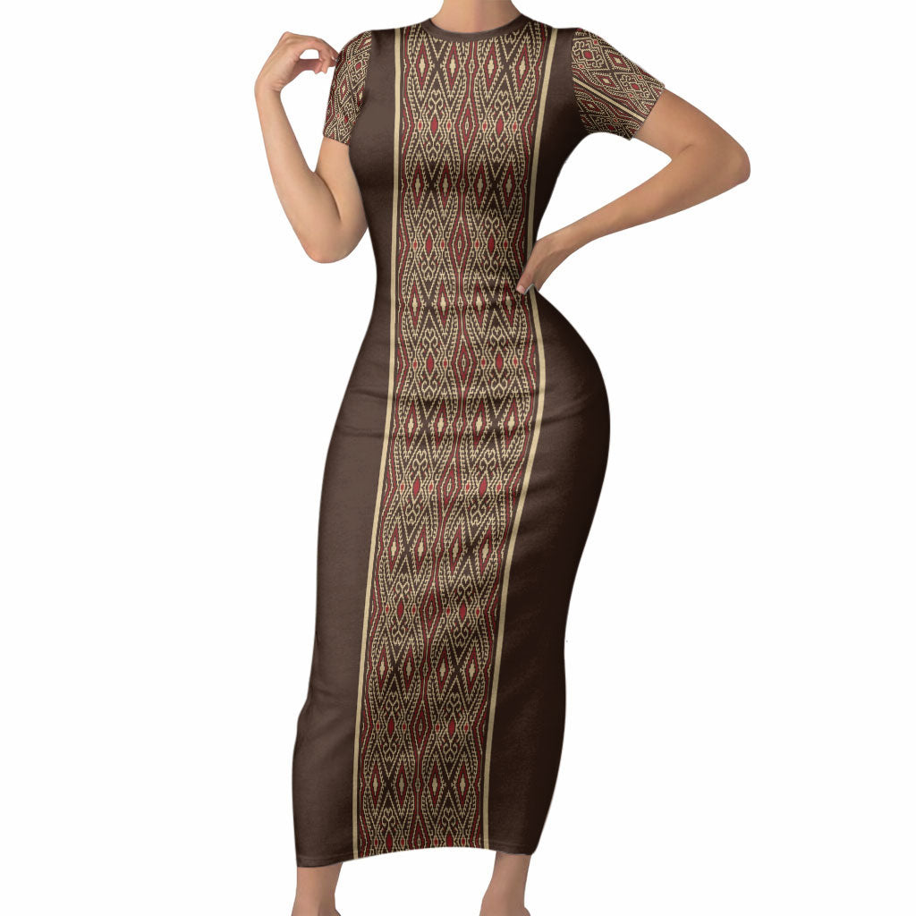 Mabuhay Philippines Festival Short Sleeve Bodycon Dress Tnalak Modern Filipiniana Inspired LT14 Long Dress Brown - Polynesian Pride