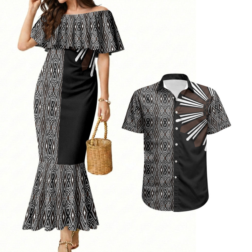 Mabuhay Philippines Festival Couples Matching Mermaid Dress and Hawaiian Shirt Araw Tnalak Modern Filipiniana Inspired LT14 Black - Polynesian Pride