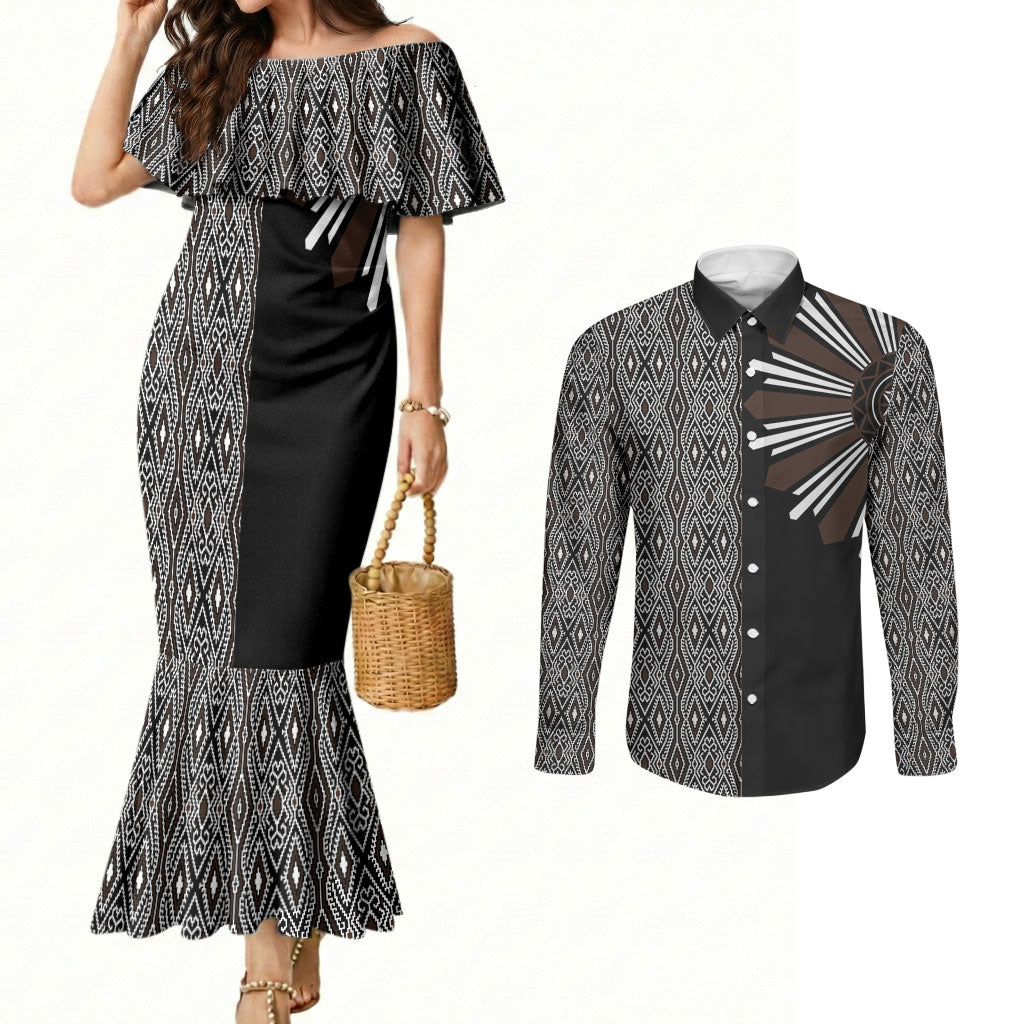 Mabuhay Philippines Festival Couples Matching Mermaid Dress and Long Sleeve Button Shirt Araw Tnalak Modern Filipiniana Inspired LT14 Black - Polynesian Pride