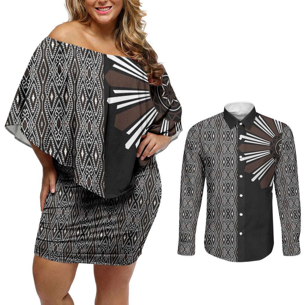 Mabuhay Philippines Festival Couples Matching Off Shoulder Short Dress and Long Sleeve Button Shirt Araw Tnalak Modern Filipiniana Inspired LT14 Black - Polynesian Pride
