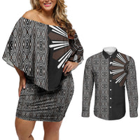 Mabuhay Philippines Festival Couples Matching Off Shoulder Short Dress and Long Sleeve Button Shirt Araw Tnalak Modern Filipiniana Inspired LT14 Black - Polynesian Pride