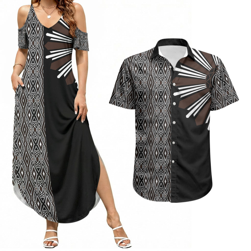 Mabuhay Philippines Festival Couples Matching Summer Maxi Dress and Hawaiian Shirt Araw Tnalak Modern Filipiniana Inspired LT14 Black - Polynesian Pride