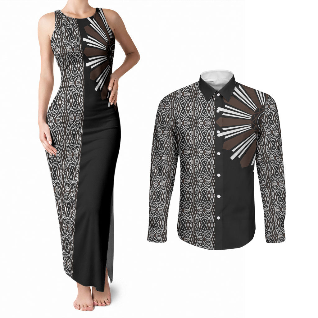 Mabuhay Philippines Festival Couples Matching Tank Maxi Dress and Long Sleeve Button Shirt Araw Tnalak Modern Filipiniana Inspired LT14 Black - Polynesian Pride