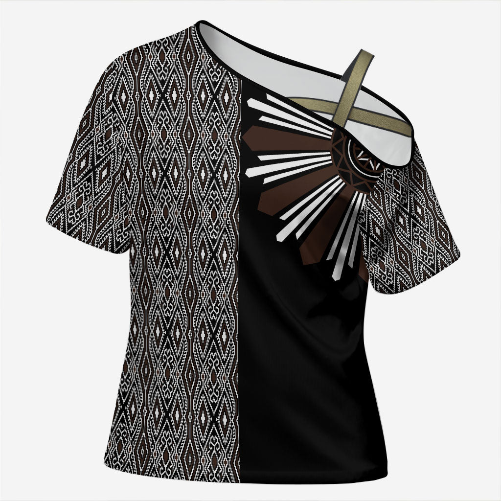 Mabuhay Philippines Festival Cross Shoulder Shirt Araw Tnalak Modern Filipiniana Inspired LT14 Female Black - Polynesian Pride