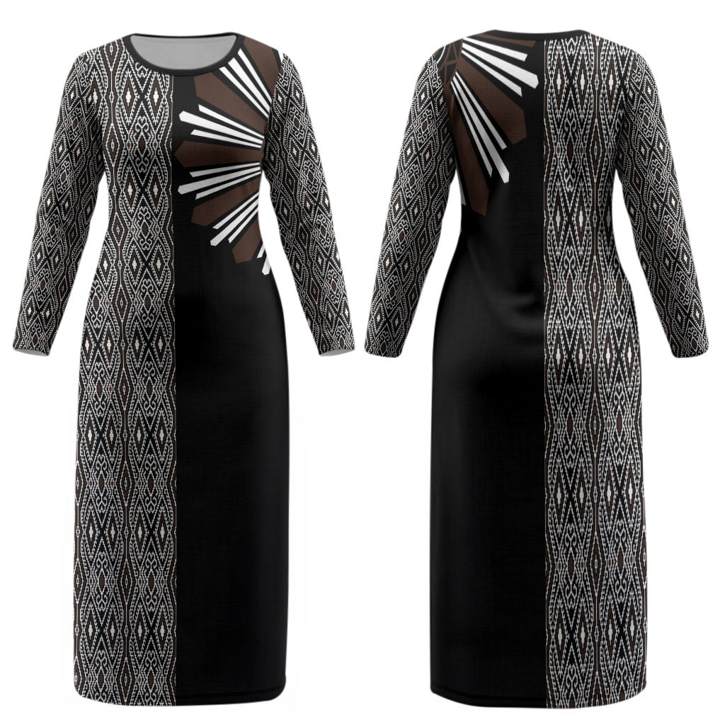 Mabuhay Philippines Festival Family Matching Long Sleeve Bodycon Dress and Hawaiian Shirt Araw Tnalak Modern Filipiniana Inspired LT14 Mom's Dress Black - Polynesian Pride