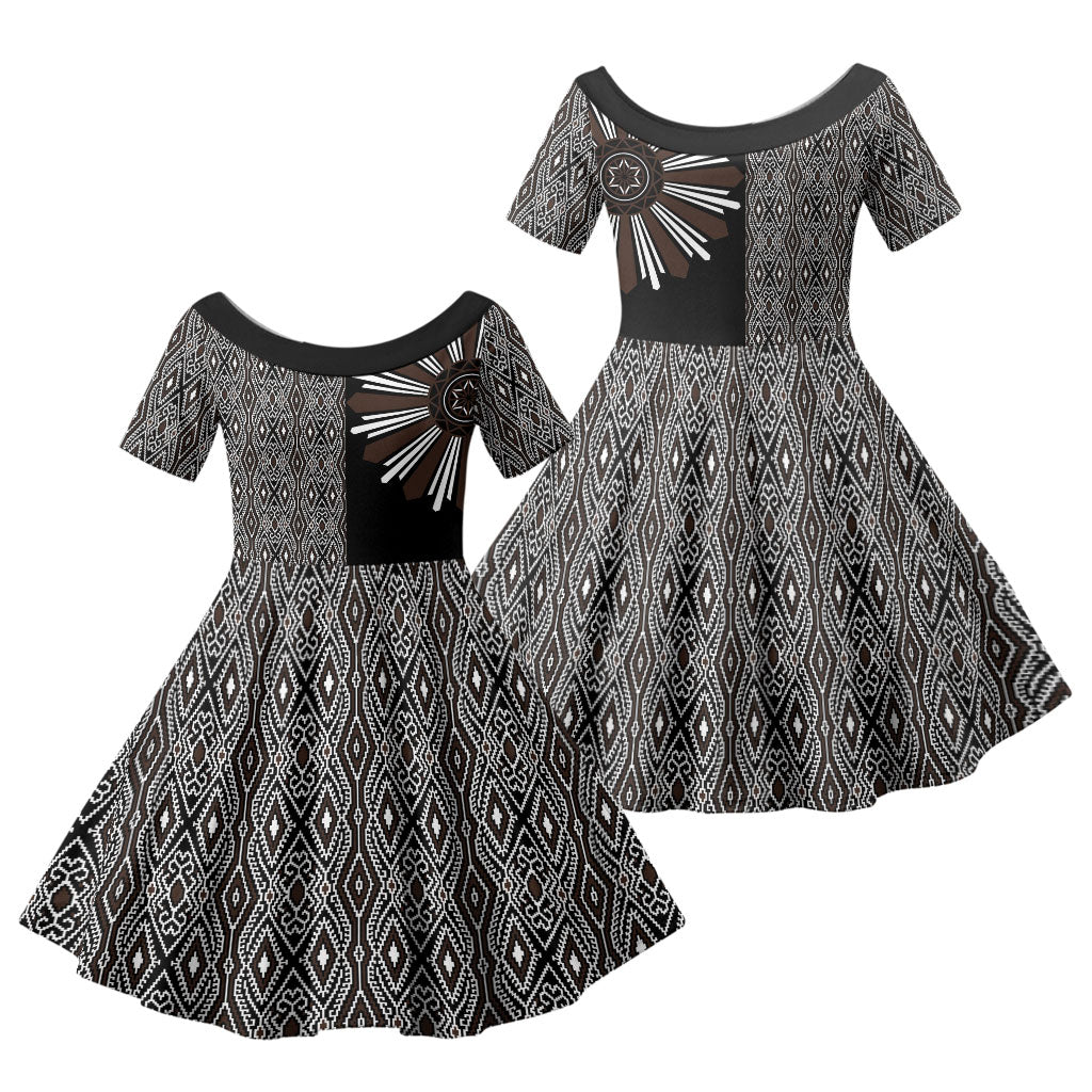 Mabuhay Philippines Festival Family Matching Mermaid Dress and Hawaiian Shirt Araw Tnalak Modern Filipiniana Inspired LT14 Daughter's Dress Black - Polynesian Pride