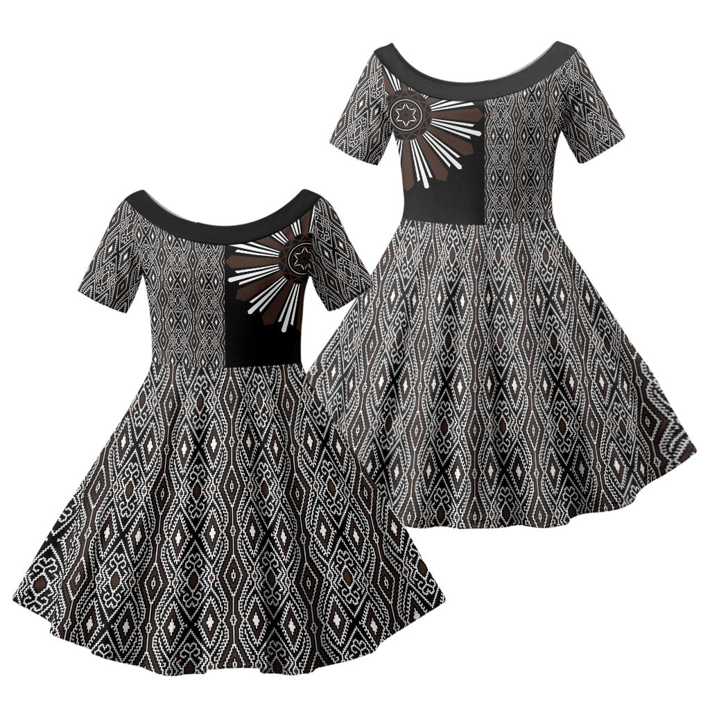 Mabuhay Philippines Festival Family Matching Off The Shoulder Long Sleeve Dress and Hawaiian Shirt Araw Tnalak Modern Filipiniana Inspired LT14 Daughter's Dress Black - Polynesian Pride