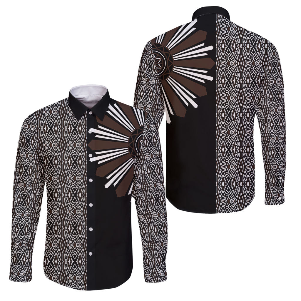 Mabuhay Philippines Festival Family Matching Off Shoulder Short Dress and Hawaiian Shirt Araw Tnalak Modern Filipiniana Inspired LT14 Dad's Shirt - Long Sleeve Black - Polynesian Pride