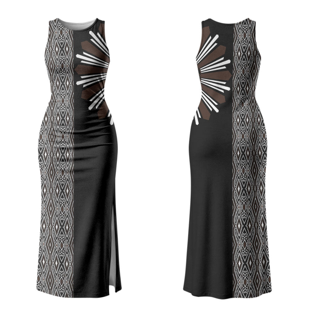 Mabuhay Philippines Festival Family Matching Tank Maxi Dress and Hawaiian Shirt Araw Tnalak Modern Filipiniana Inspired LT14 Mom's Dress Black - Polynesian Pride