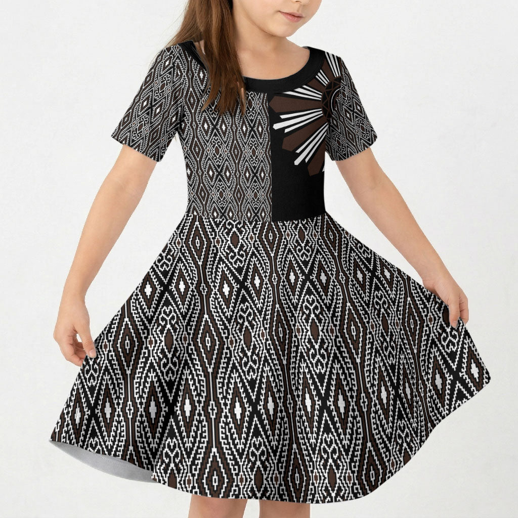 Mabuhay Philippines Festival Kid Short Sleeve Dress Araw Tnalak Modern Filipiniana Inspired LT14 KID Black - Polynesian Pride