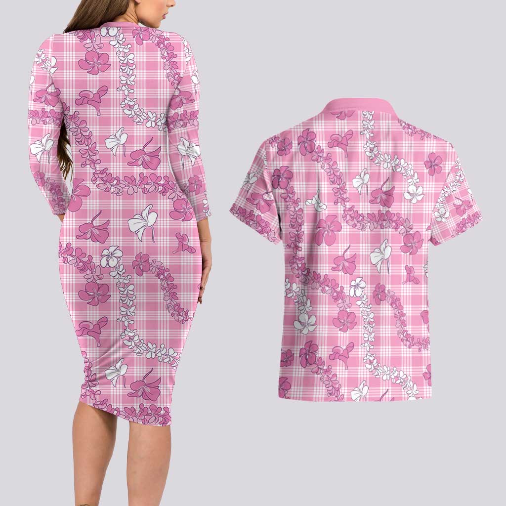 Alaka Aloha Hawaii Couples Matching Long Sleeve Bodycon Dress and Hawaiian Shirt Plumeria Lei With Palaka Motif - Polynesian Pride