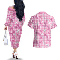 Alaka Aloha Hawaii Couples Matching Off The Shoulder Long Sleeve Dress and Hawaiian Shirt Plumeria Lei With Palaka Motif - Polynesian Pride