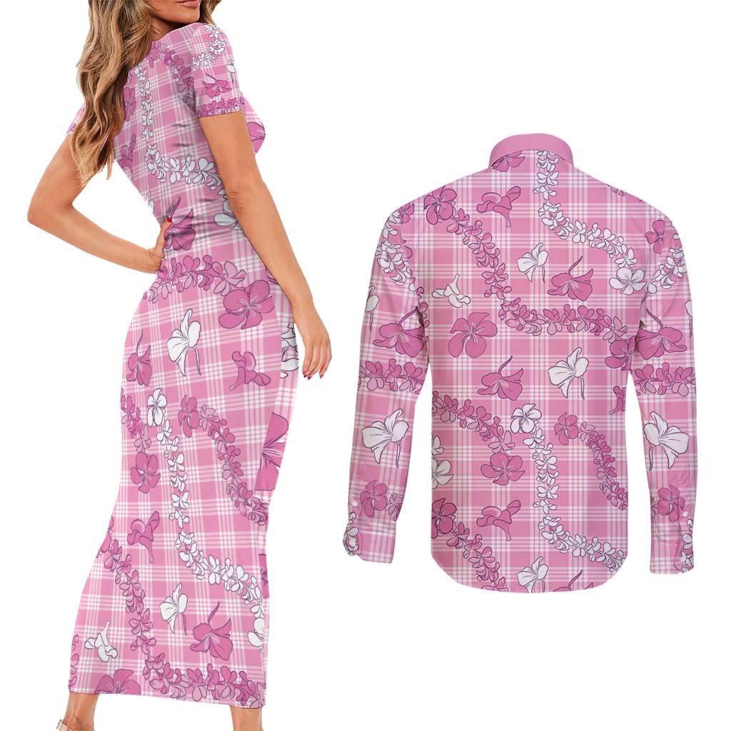 Alaka Aloha Hawaii Couples Matching Short Sleeve Bodycon Dress and Long Sleeve Button Shirt Plumeria Lei With Palaka Motif - Polynesian Pride