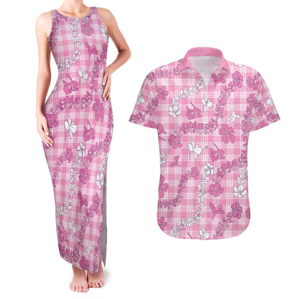 Alaka Aloha Hawaii Couples Matching Tank Maxi Dress and Hawaiian Shirt Plumeria Lei With Palaka Motif - Polynesian Pride