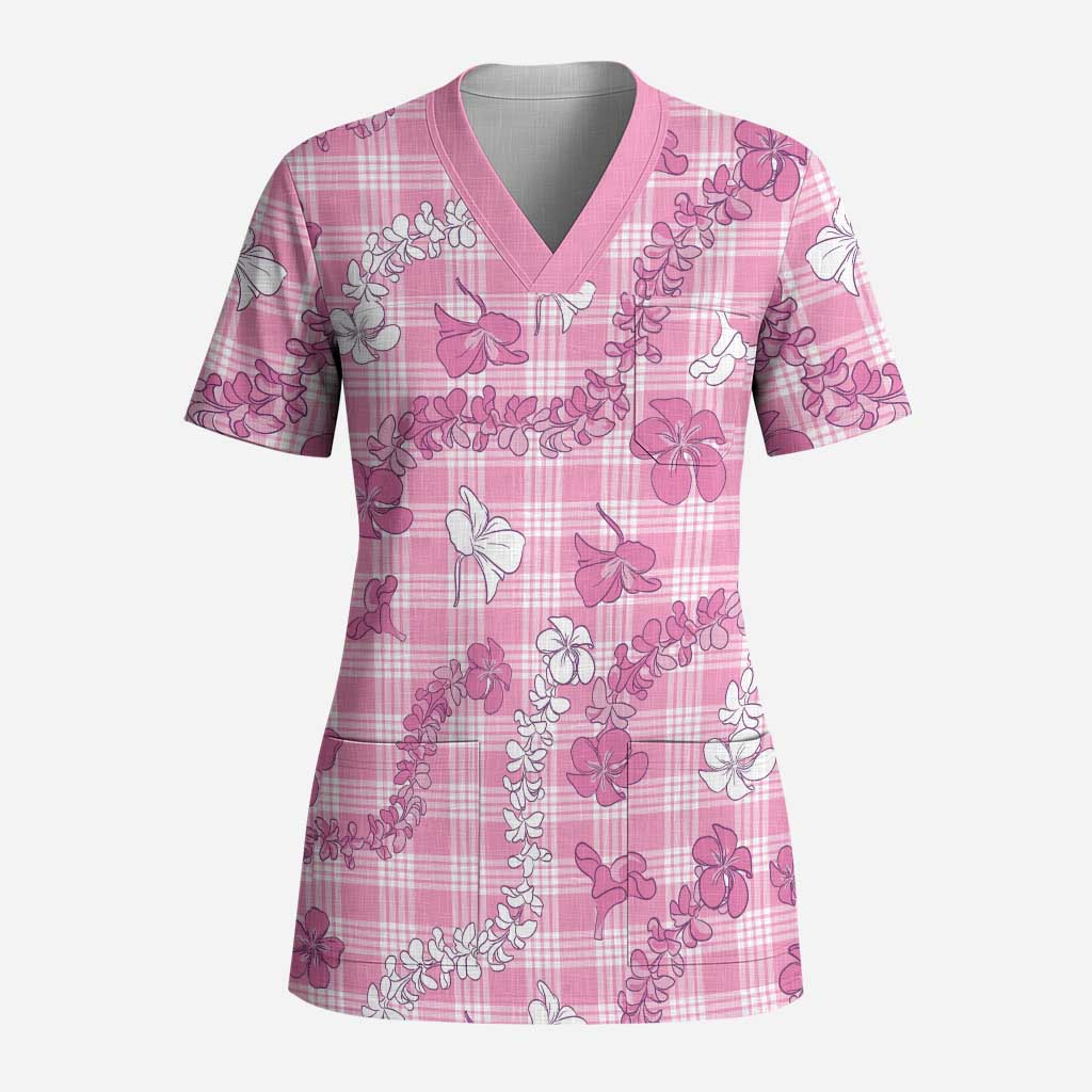 Alaka Aloha Hawaii Scrub Top Plumeria Lei With Palaka Motif LT14 Adult Pink - Polynesian Pride