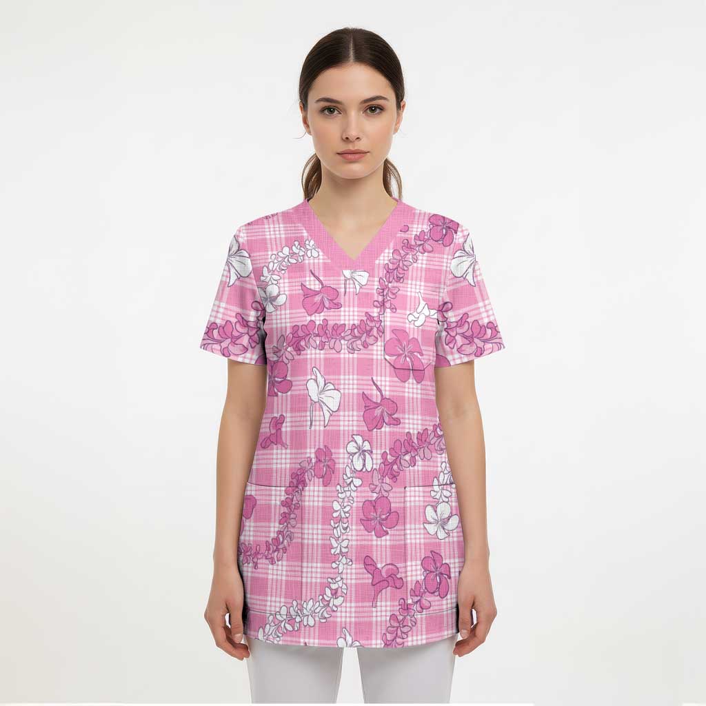 Alaka Aloha Hawaii Scrub Top Plumeria Lei With Palaka Motif LT14 - Polynesian Pride