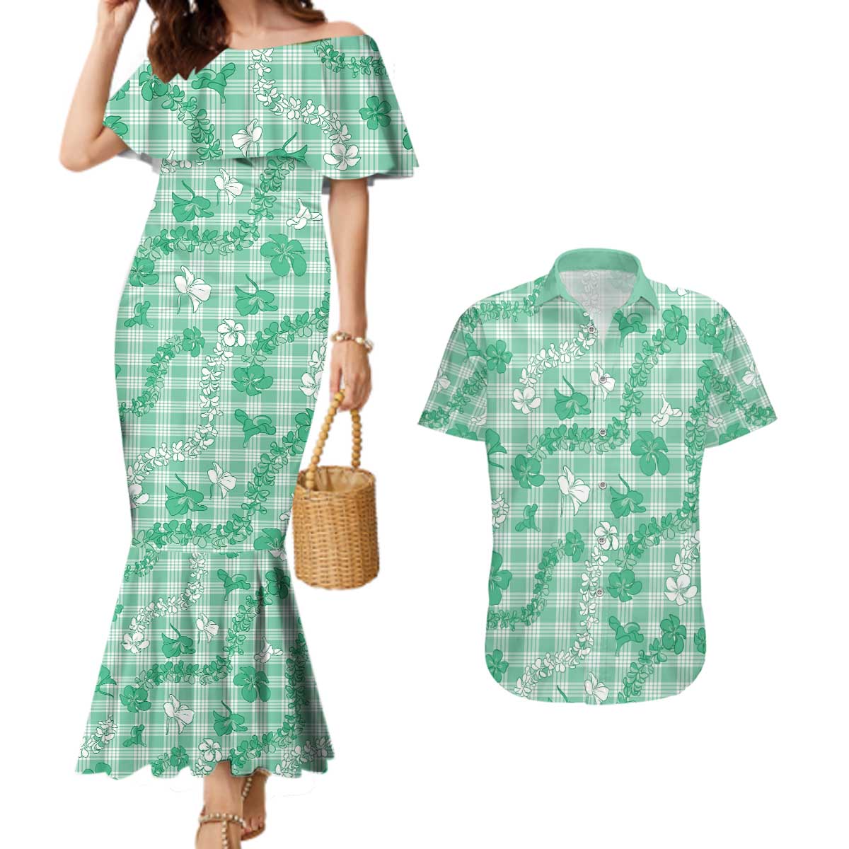 Omaomao Aloha Hawaii Couples Matching Mermaid Dress and Hawaiian Shirt Plumeria Lei With Palaka Motif - Polynesian Pride