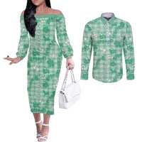 Omaomao Aloha Hawaii Couples Matching Off The Shoulder Long Sleeve Dress and Long Sleeve Button Shirt Plumeria Lei With Palaka Motif - Polynesian Pride