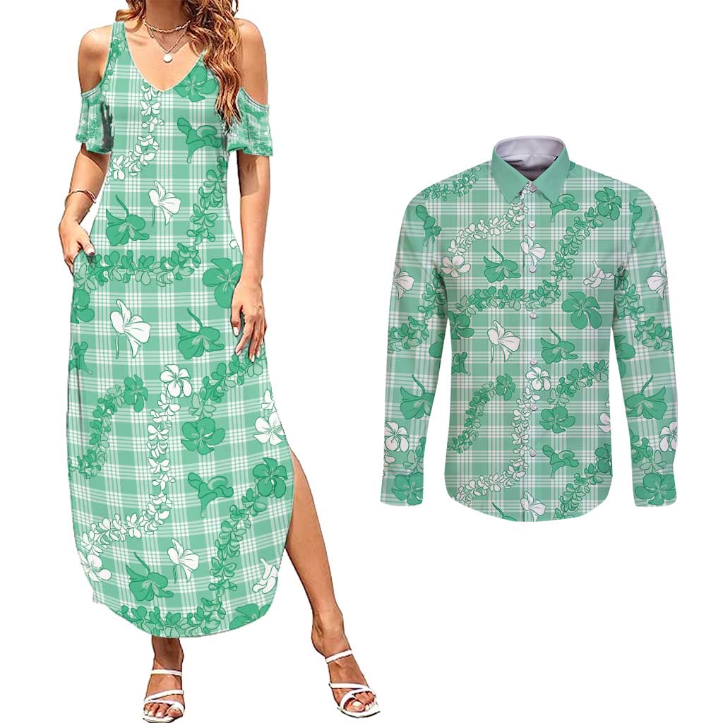 Omaomao Aloha Hawaii Couples Matching Summer Maxi Dress and Long Sleeve Button Shirt Plumeria Lei With Palaka Motif - Polynesian Pride