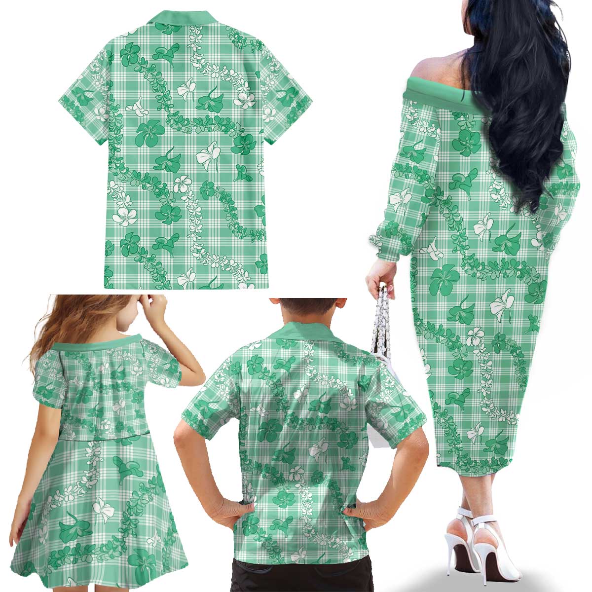 Omaomao Aloha Hawaii Family Matching Off The Shoulder Long Sleeve Dress and Hawaiian Shirt Plumeria Lei With Palaka Motif - Polynesian Pride