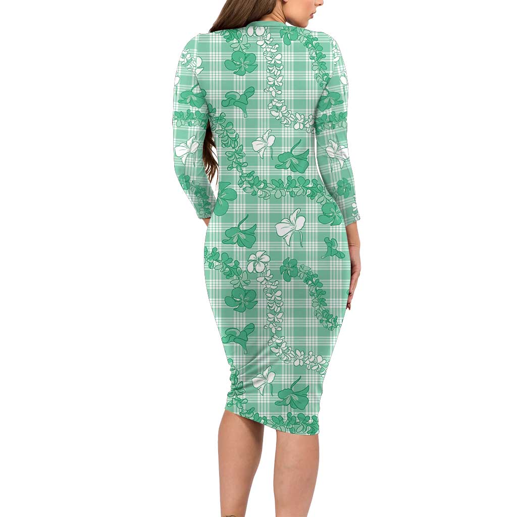 Omaomao Aloha Hawaii Long Sleeve Bodycon Dress Plumeria Lei With Palaka Motif - Polynesian Pride