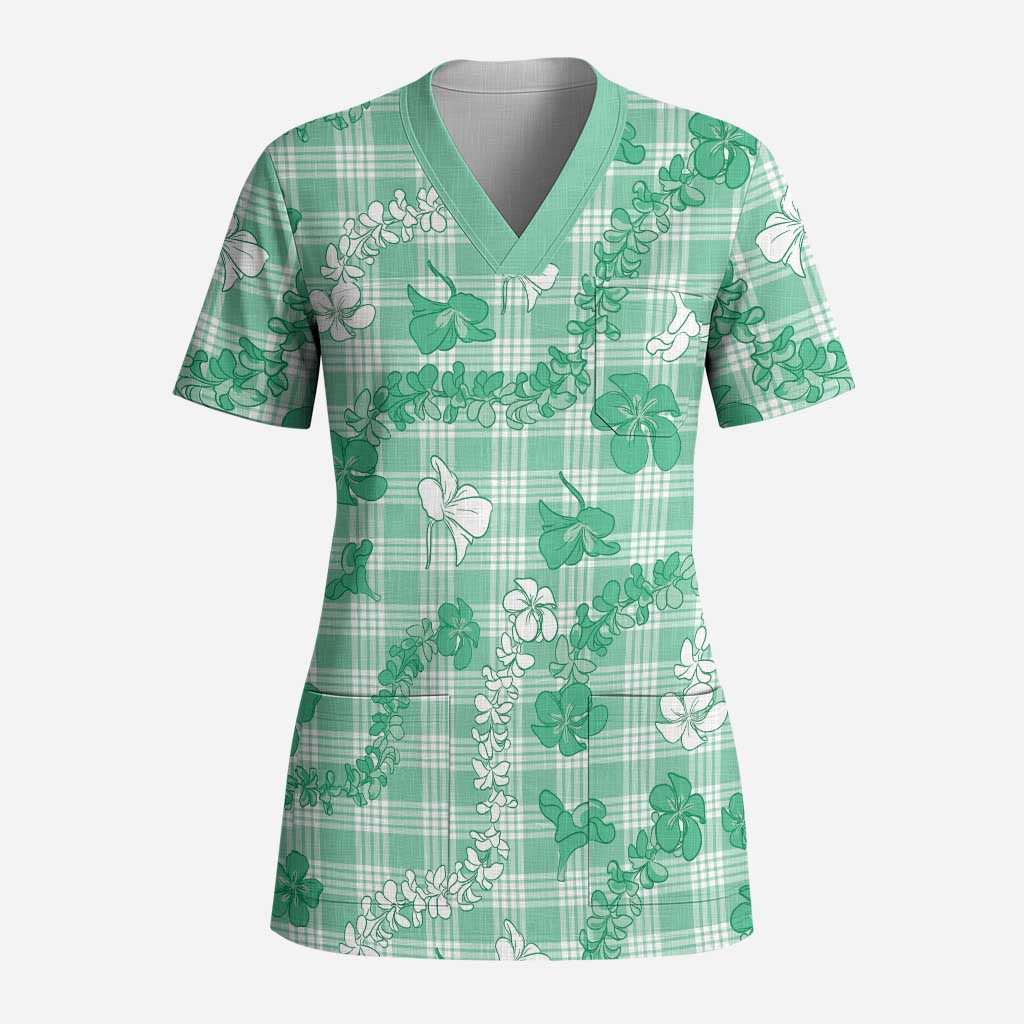 Omaomao Aloha Hawaii Scrub Top Plumeria Lei With Palaka Motif LT14 Adult Green - Polynesian Pride