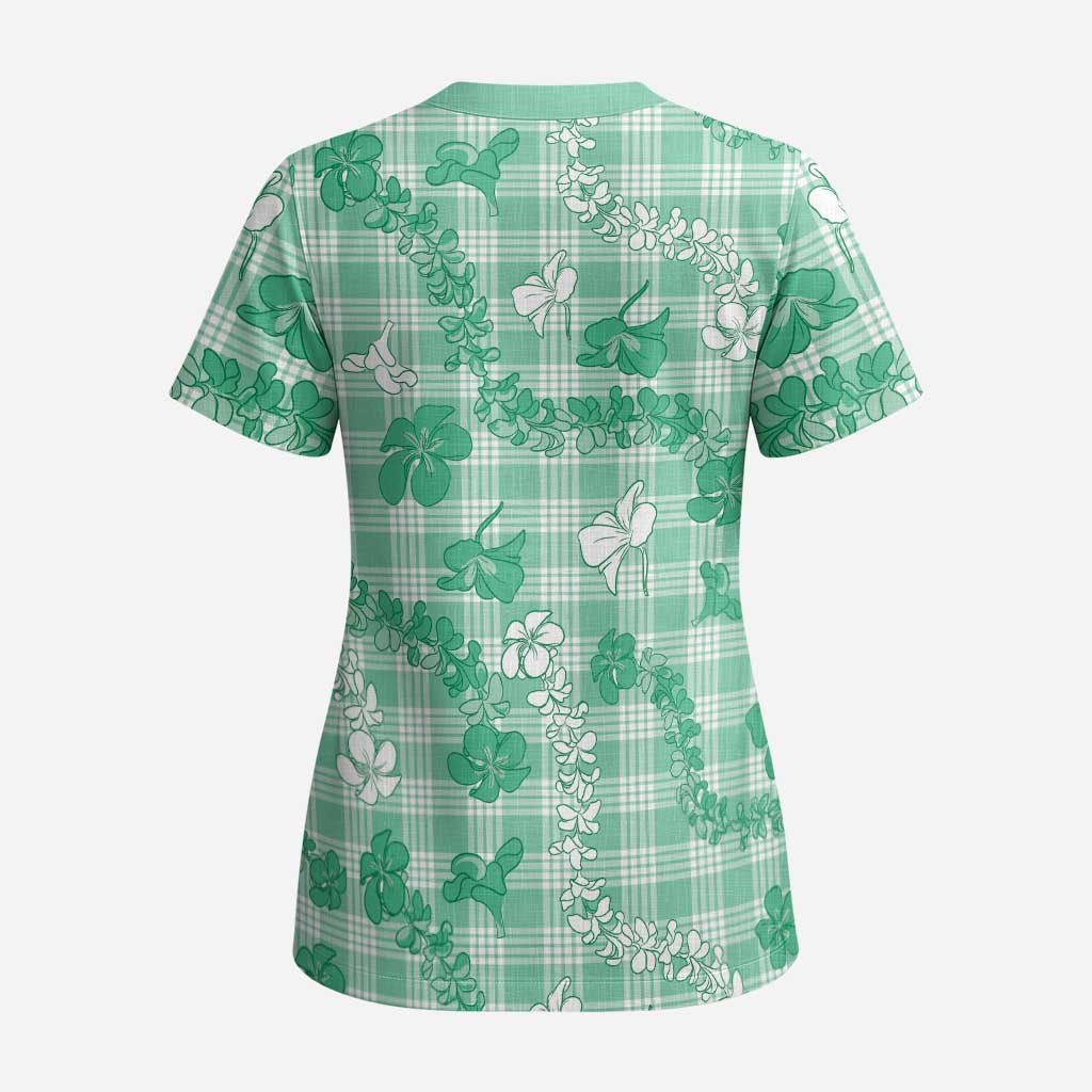 Omaomao Aloha Hawaii Scrub Top Plumeria Lei With Palaka Motif LT14 - Polynesian Pride
