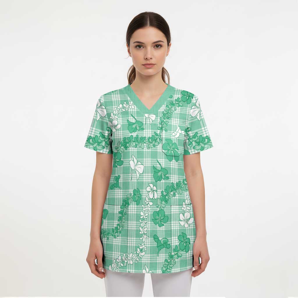 Omaomao Aloha Hawaii Scrub Top Plumeria Lei With Palaka Motif LT14 - Polynesian Pride