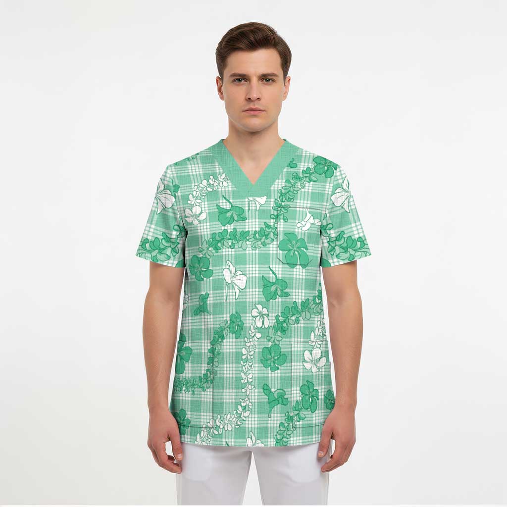 Omaomao Aloha Hawaii Scrub Top Plumeria Lei With Palaka Motif LT14 - Polynesian Pride