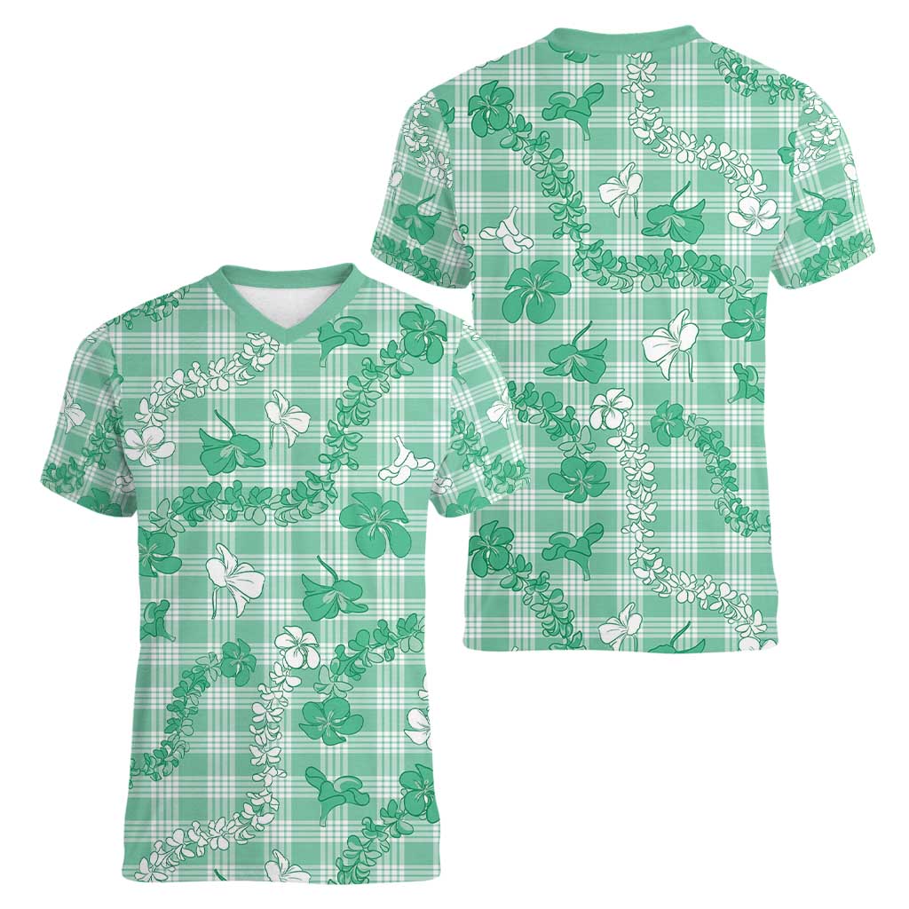 Omaomao Aloha Hawaii Women V-Neck T-Shirt Plumeria Lei With Palaka Motif - Polynesian Pride