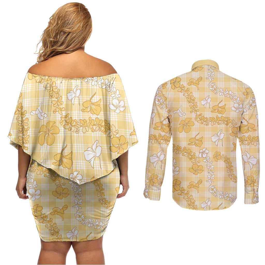 Melemele Aloha Hawaii Couples Matching Off Shoulder Short Dress and Long Sleeve Button Shirt Plumeria Lei With Palaka Motif - Polynesian Pride