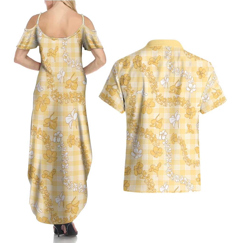 Melemele Aloha Hawaii Couples Matching Summer Maxi Dress and Hawaiian Shirt Plumeria Lei With Palaka Motif - Polynesian Pride