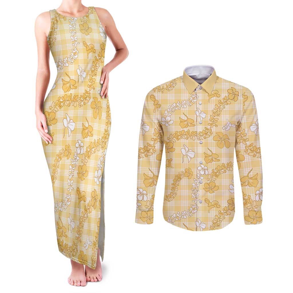 Melemele Aloha Hawaii Couples Matching Tank Maxi Dress and Long Sleeve Button Shirt Plumeria Lei With Palaka Motif - Polynesian Pride