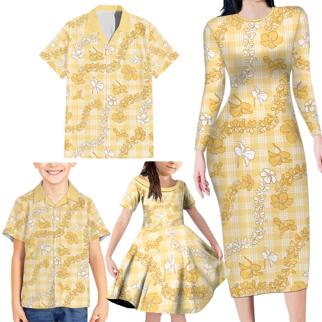 Melemele Aloha Hawaii Family Matching Long Sleeve Bodycon Dress and Hawaiian Shirt Plumeria Lei With Palaka Motif - Polynesian Pride