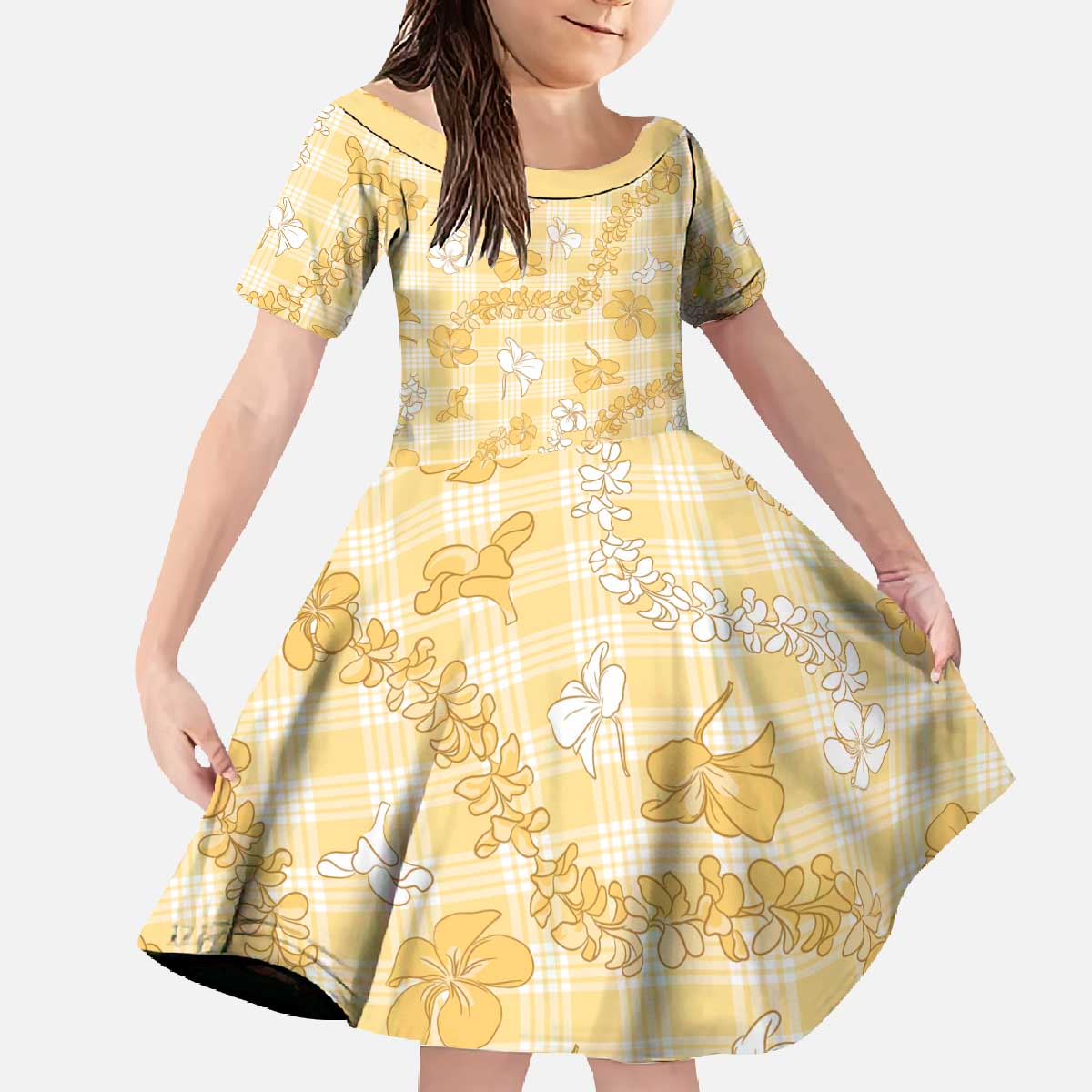 Melemele Aloha Hawaii Family Matching Off The Shoulder Long Sleeve Dress and Hawaiian Shirt Plumeria Lei With Palaka Motif - Polynesian Pride