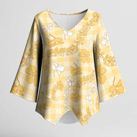 Melemele Aloha Hawaii Kimono Sleeve Blouse Plumeria Lei With Palaka Motif - Polynesian Pride