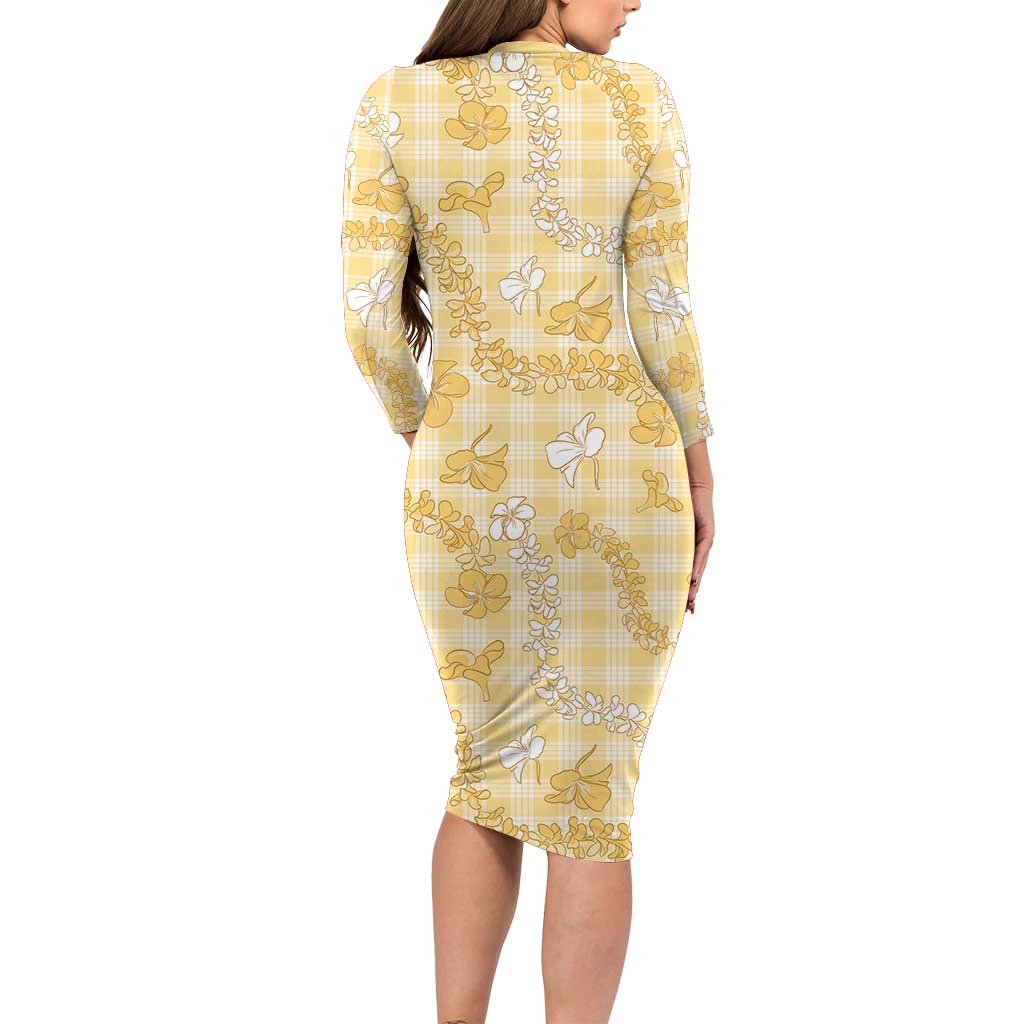 Melemele Aloha Hawaii Long Sleeve Bodycon Dress Plumeria Lei With Palaka Motif - Polynesian Pride