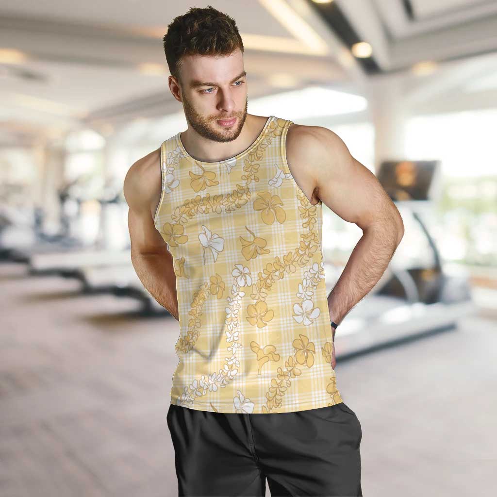 Melemele Aloha Hawaii Men Tank Top Plumeria Lei With Palaka Motif LT14 Yellow - Polynesian Pride