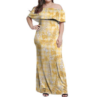 Melemele Aloha Hawaii Off Shoulder Maxi Dress Plumeria Lei With Palaka Motif - Polynesian Pride