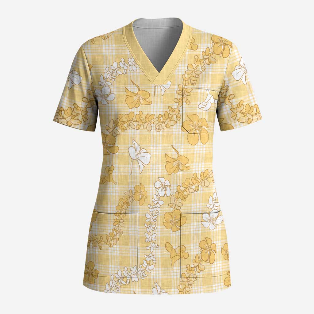 Melemele Aloha Hawaii Scrub Top Plumeria Lei With Palaka Motif LT14 Adult Yellow - Polynesian Pride